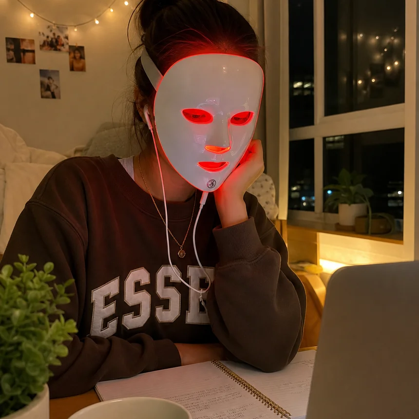 Solori LED therapy face mask glowing while studying at a cozy desk
