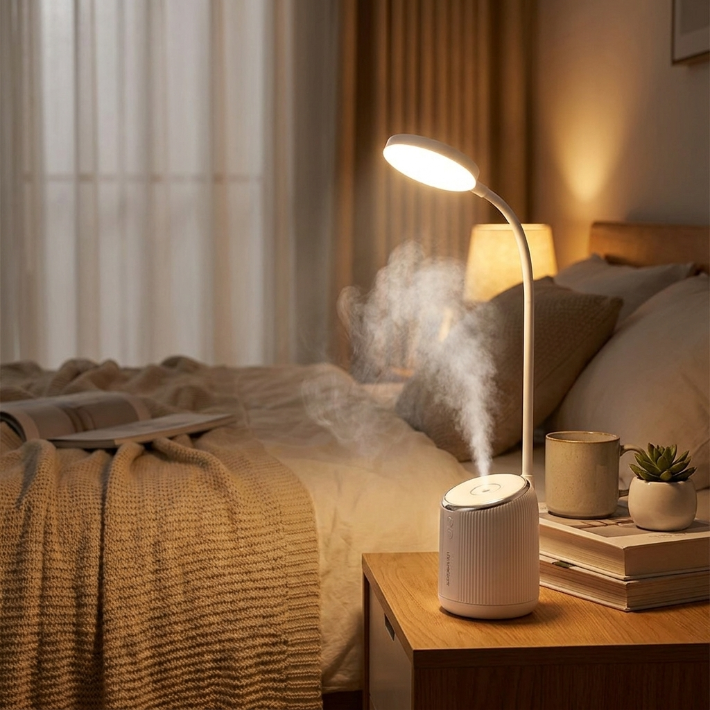 LED Desk Lamp with USB Humidifier in use - lifestyle photo