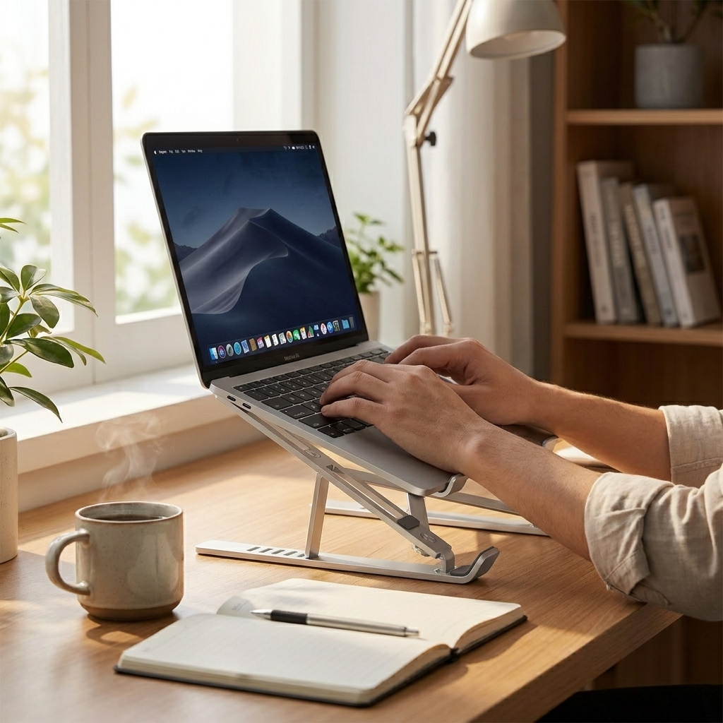 Adjustable Aluminum Laptop Stand in use - lifestyle photo