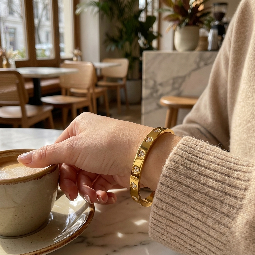 Diamond Heart Titanium Bracelet in use - lifestyle photo